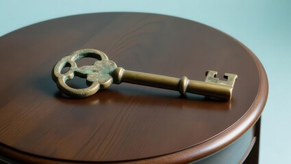 Antique key resting on a wooden table surface.