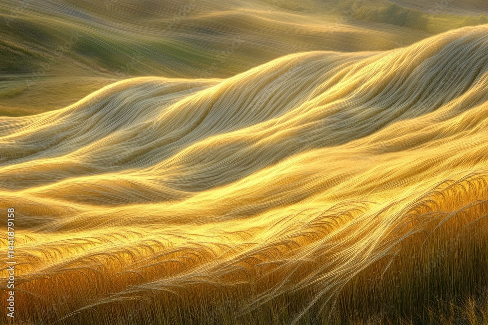 Leinwandbilder Golden wheat field gently swaying in the wind, creating a mesmerizing wave-like pattern.