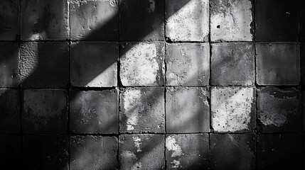 Naklejka premium Sunlit worn tiles wall shows light and shadow pattern on stone squares outdoors
