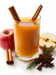 A refreshing glass of spiced cider with cinnamon sticks and star anise sits beside a whole and sliced .