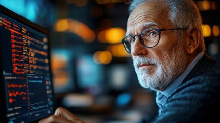 An elderly male epidemiologist reviews complex data on a computer screen in a bustling epidemiology research center filled with modern technology and research activity