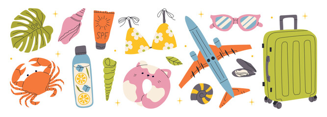 Big set of Summer sticker. Icons, signs, banners. Bright summertime poster. Collection elements for summer holiday and scrapbooking elements for beach party.