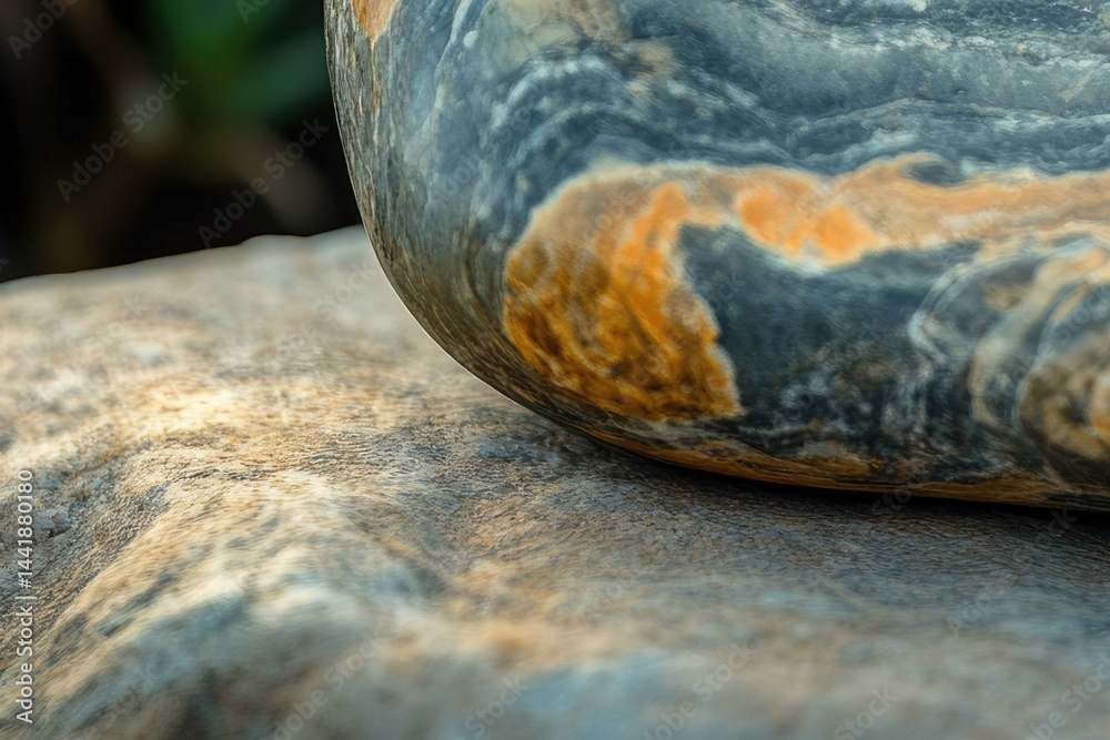 Leinwandbilder a close-up view of a smooth, multicolored stone resting on a textured surface.