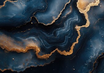 Abstract design featuring swirling dark blue and gold patterns.