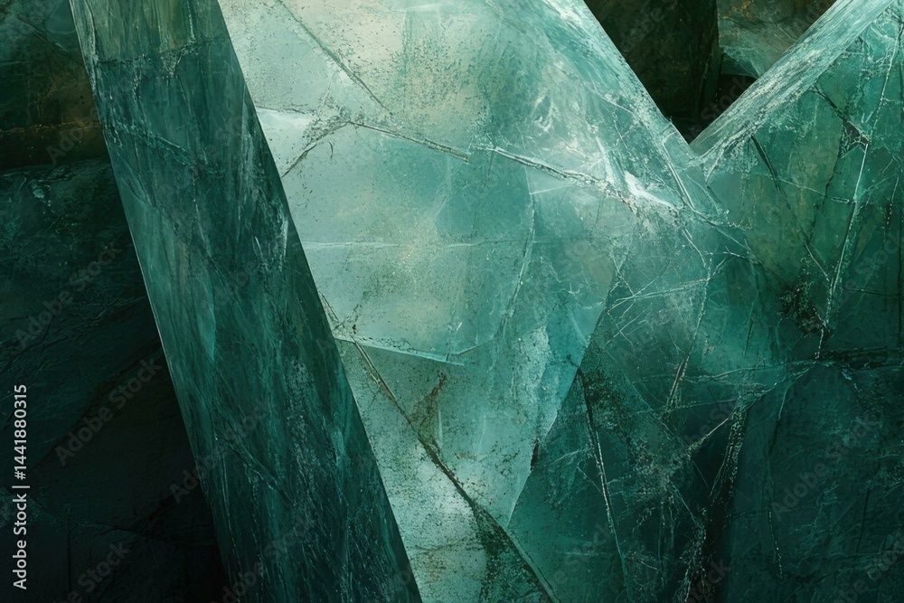 Aufkleber large teal crystals with intricate fracture patterns, showcasing deep green hues and translucent tex