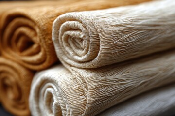 Rolled fabric textures in muted tones displayed close up.