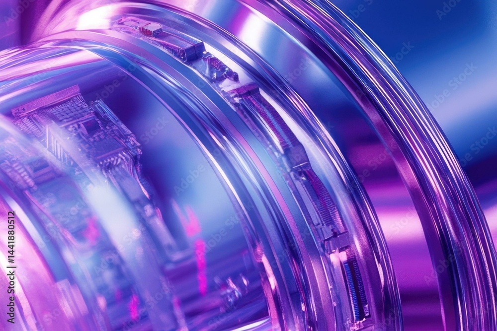 Poster abstract close-up of futuristic technology, showcasing vibrant purple and blue hues, highlighting in