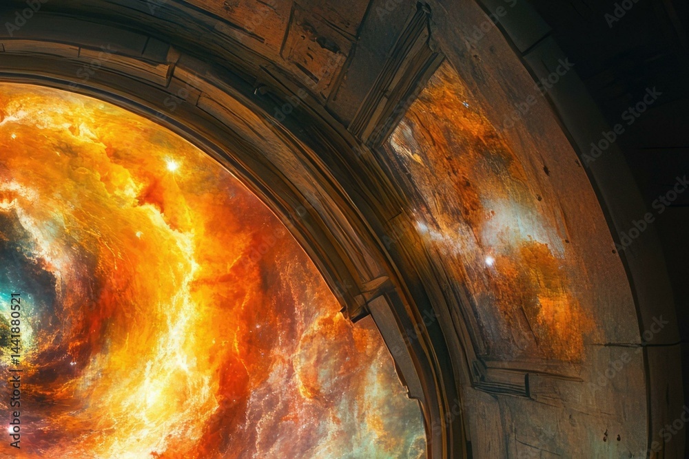 Poster a fiery nebula viewed through an ancient, arched window, a cosmic scene blending fantasy and reality