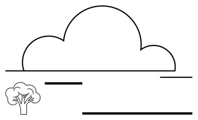 Cloud outline above horizontal lines with small tree symbolizing nature, minimalism, and clarity. Ideal for weather, environment, simplicity, sustainability, tranquility, growth flat simple metaphor