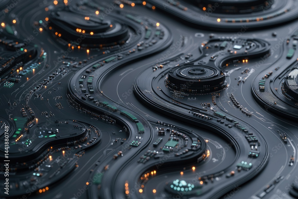 Poster Abstract 3D rendering of a futuristic circuit board with glowing elements, showcasing intricate wavy pathways and technological design.