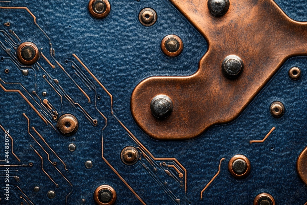 Poster close-up of a dark blue circuit board with copper components and rivets, showcasing intricate detail