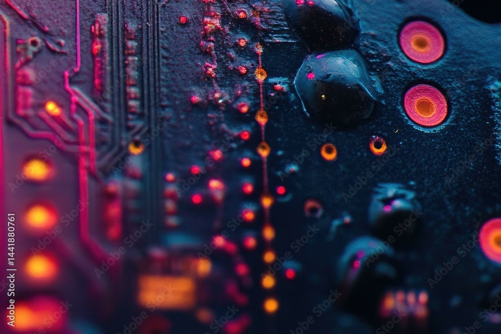 Poster close-up of a circuit board's intricate components glowing with vibrant, neon-like colors.