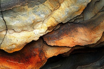 Obraz premium Layered rock formation with rich, earthy tones of brown, orange, and grey, showcasing texture and geological history.