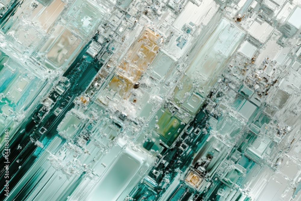 Aufkleber Abstract image showcasing a complex, geometric pattern reminiscent of a microchip or crystal structure in teal and white hues.