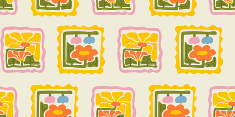 Colorful floral seamless pattern illustration. Vintage style flower frame background design. Geometric natural wallpaper print, spring season nature backdrop texture with flowers.