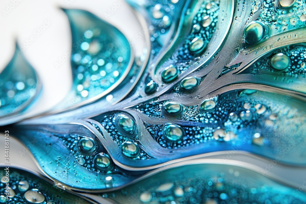 Poster Abstract artwork featuring intricate, swirling teal patterns adorned with water droplets, creating a mesmerizing visual effect.