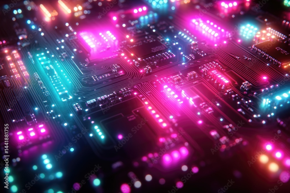 Leinwandbilder close-up of a vibrant circuit board with neon lights illuminating its intricate pathways and compone