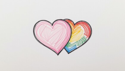 Two overlapping hearts in colorful hand-drawn style.