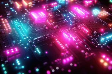 Fototapeta premium Close-up of a vibrant circuit board with neon lights illuminating its intricate pathways and components.
