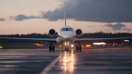 Private jet on wet tarmac at dusk