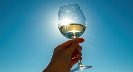 Woman rising the clear drinking glass with wine in idyllic summer day, celebrate the national wine day, beverage for restaurant and menu promotion visuals