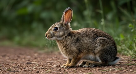 Fototapeta premium Rabbit Sitting Alert on Dirt Path in Nature Setting