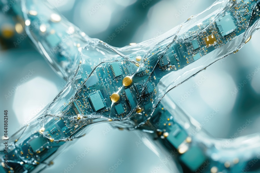 Poster Circuit board encased in translucent material, resembling a futuristic neural network or bio-integrated technology.