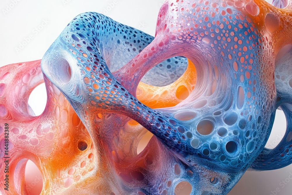 Aufkleber abstract 3d render of a complex, interconnected, porous structure in shades of blue and orange.