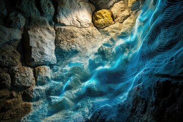 Abstract art depicting flowing blue light over a textured stone wall, creating a surreal and captivating scene.