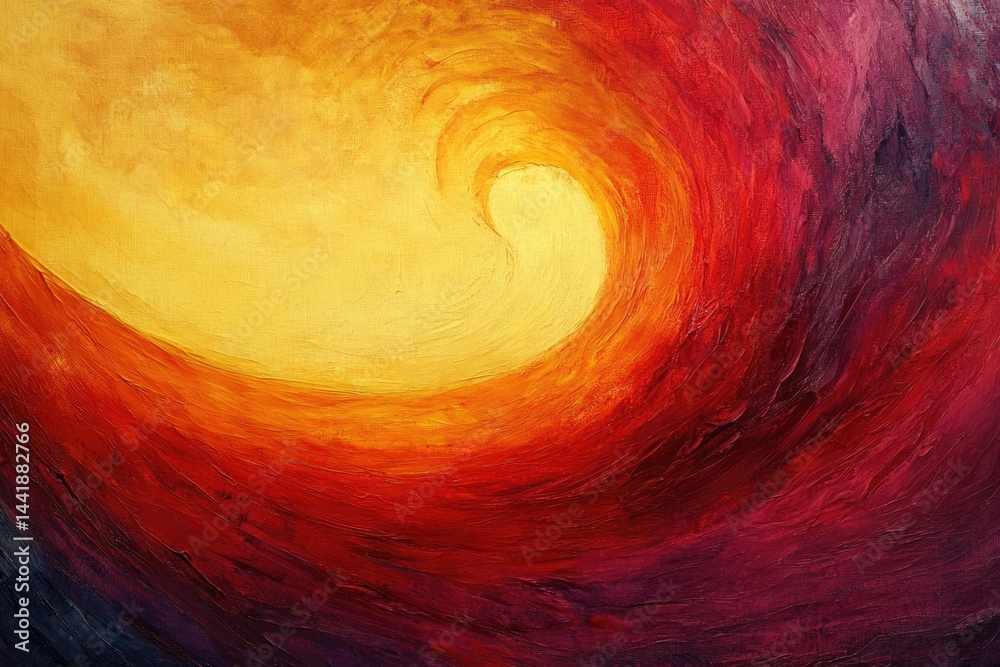 Poster abstract painting depicting a fiery, swirling wave transitioning from yellow to deep red hues.