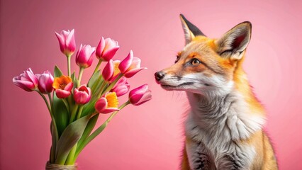Obraz premium A curious fox examines a vibrant bouquet of pink and orange tulips against a soft pink background, a charming springtime scene.