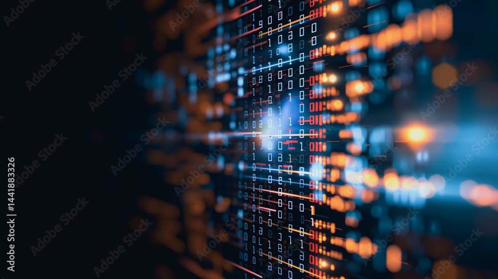 Poster digital code matrix: an abstract digital landscape with flowing data streams in shades of blue and o