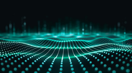 Obraz premium Digital Waveform: A mesmerizing digital waveform pulsates with vibrant energy, showcasing interconnected dots forming flowing, undulating lines.