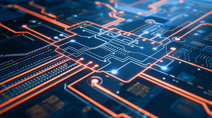 Circuit Board Innovation: An eye-level perspective of a dynamic circuit board showcasing the intricate network of connections.