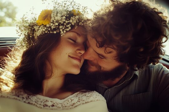 Couple in love sharing an intimate moment with warm smiles, outdoor setting, romantic lifestyle, embracing nature, enjoying quality time together.