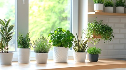Lush Houseplants in Various Pots Arranged on a Bright Kitchen Windowsill with Greenery