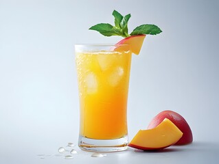 Fototapeta premium Refreshing peach iced tea cocktail garnished with mint and peach slices in a tall glass with ice cubes on a light gray background.