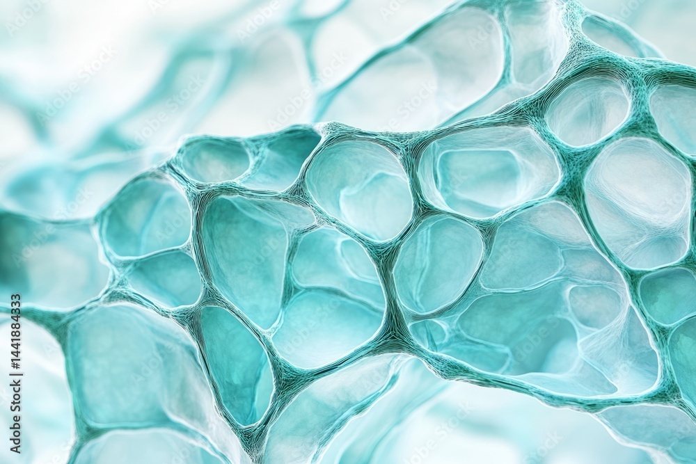 Poster Abstract image of a turquoise, interconnected, porous network resembling a cellular structure or spongy material.