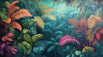 Vibrant tropical jungle painting lush green palm leaves art red oil leaf pink teal dark plant flora