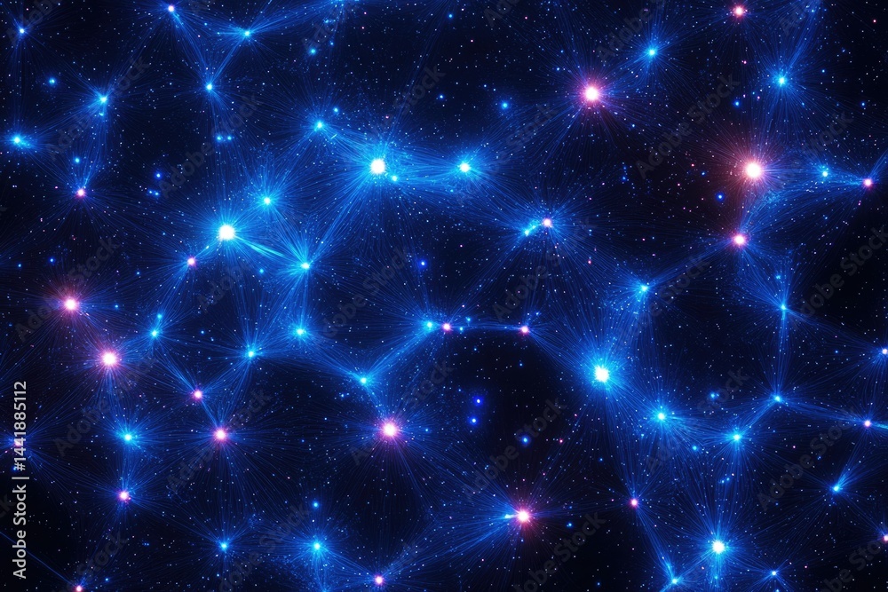 Poster Abstract cosmic network: interconnected bright stars and nebulae in a deep blue space.
