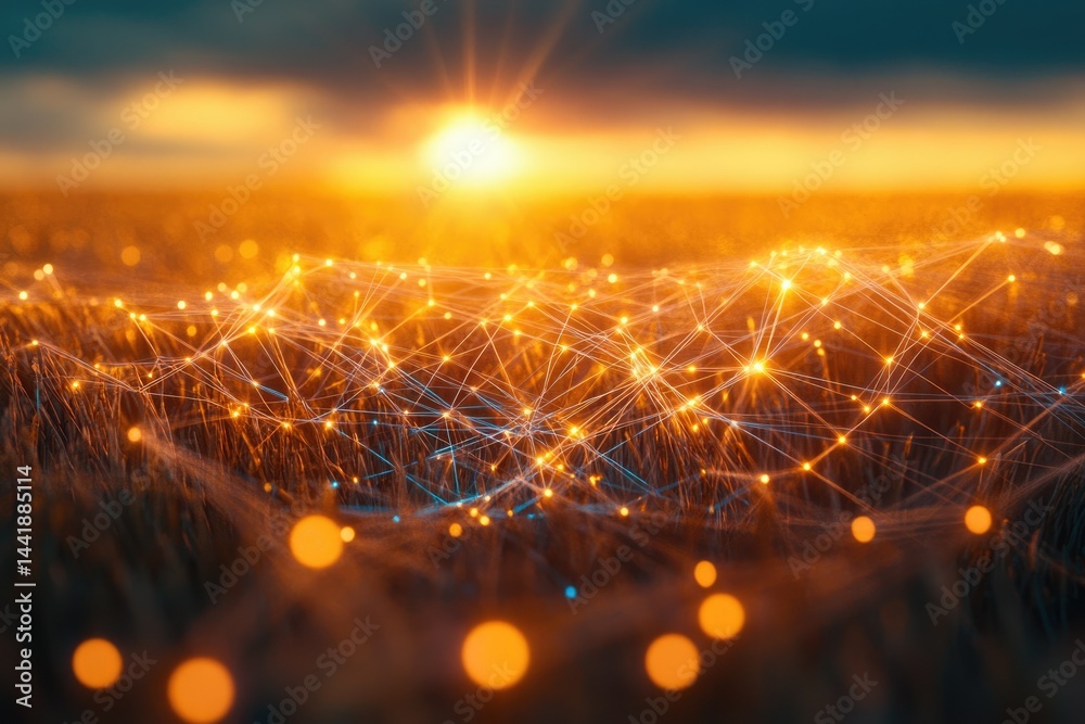 Poster golden sunset over a field with glowing network connections symbolizing global connectivity and tech