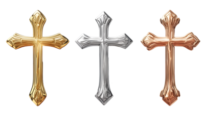 Gold, Silver, Bronze metal Christian cross, isolated background. Christianity, faith, religion, church, prayer