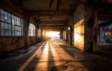 Fototapeta premium Sunlit Abandoned Industrial Building Interior with Graffiti