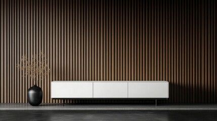 Modern minimalist interior scene with wooden paneling and white furniture.