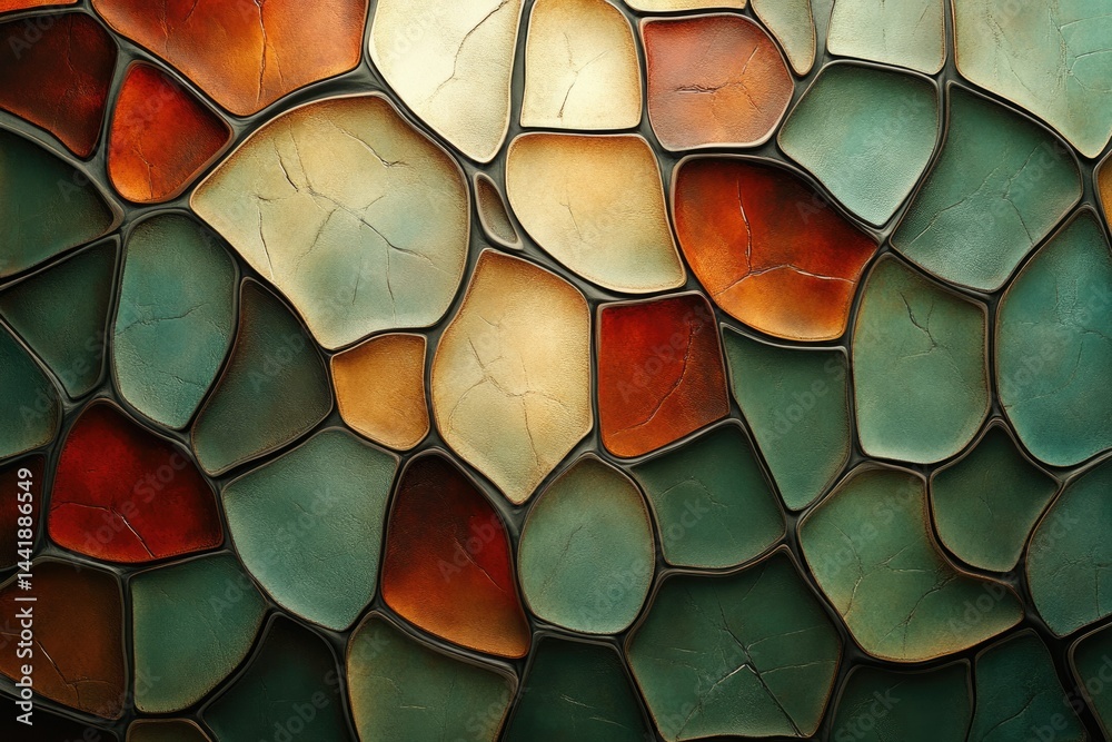 Poster abstract mosaic pattern with earthy tones, irregular shapes, and subtle cracks.
