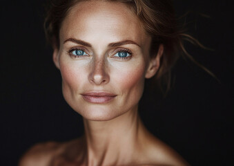 Middle age nature beautiful woman with natural makeup and hairstyle during studio portrait photoshoot on black background.Macro.AI Generative.