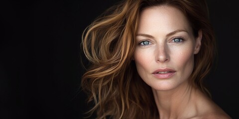 Beauty photo of natural beauty middle age woman with natural makeup and hairstyle on black background.Macro.AI Generative. © DenisMArt