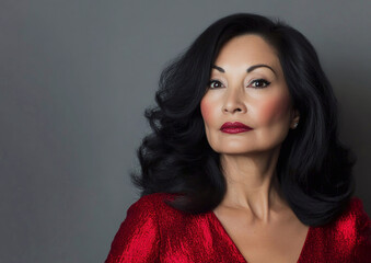 Middle aged mature brunette gorgeous glamour woman with makeup wearing red dress.Macro.AI Generative. © DenisMArt