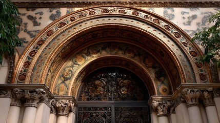 Obraz premium Charming Mediterranean gate with colorful mosaics, terra-cotta tiles, and iron details.