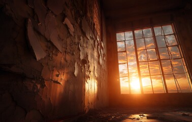 Orange Sunset Through Ruined Building Window